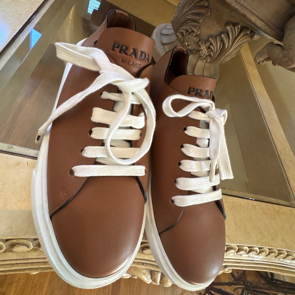 Prada 37 1/2 Minimal Leather Cognac Sneaker